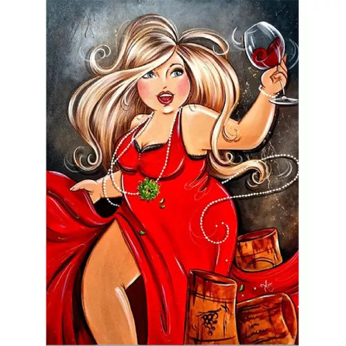 Diamantový-obraz-žena-červené-šaty-víno