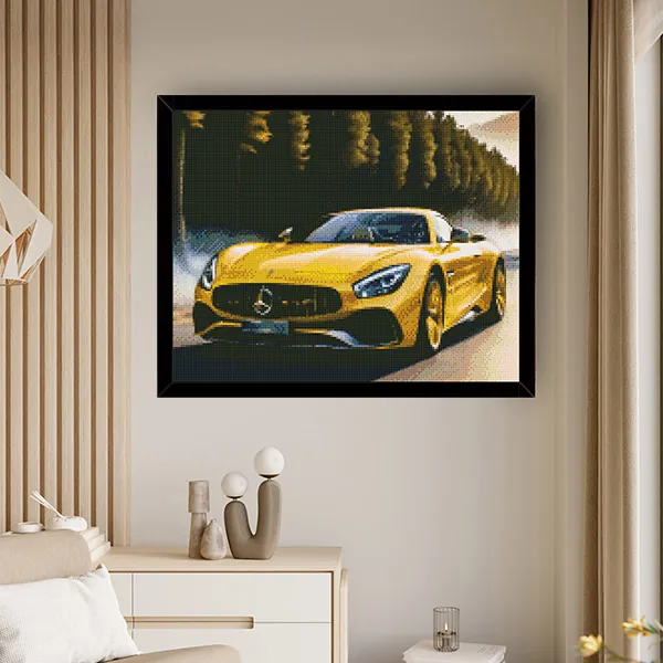 Diamantové-maľovanie-žltý-Mercedes-obraz-ram-izba